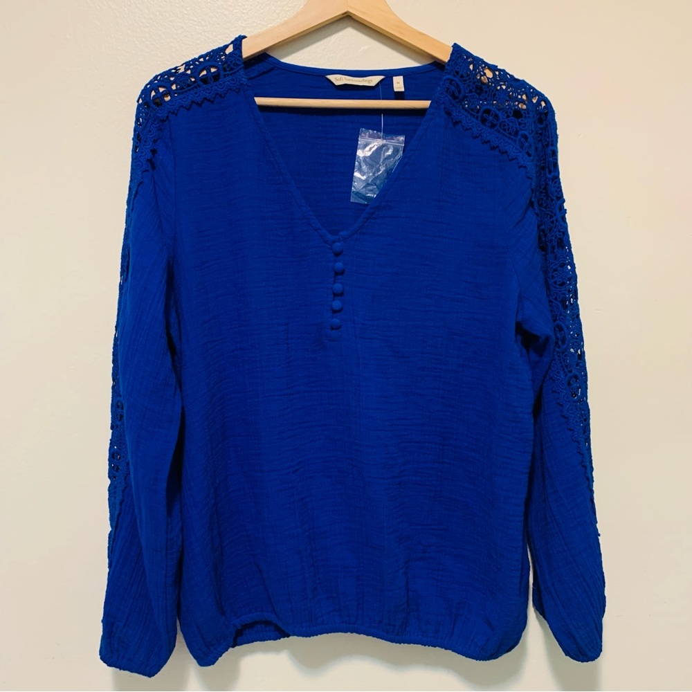 Soft Surroundings Sapphire Blue Cotton Gauze Crochet Lace Melina Top size med